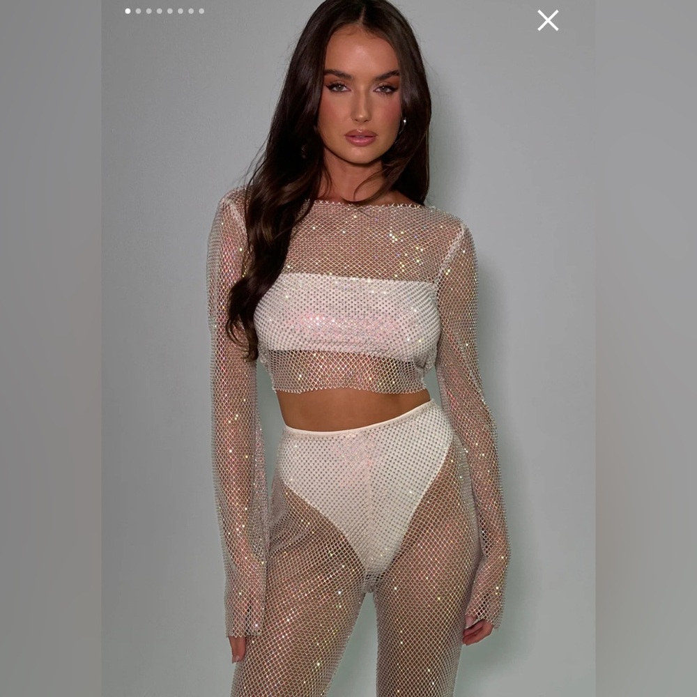 Meshki- Emerson Diamante Mesh Pant and
Hilton Diamante Mesh Cowl Top